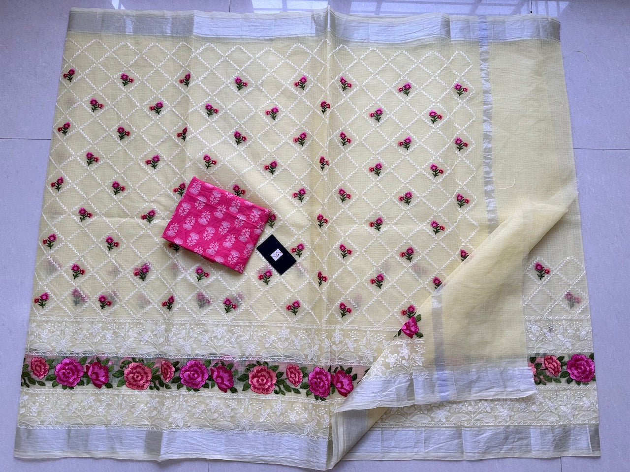 Embroidered Kota Cotton Doria Saree