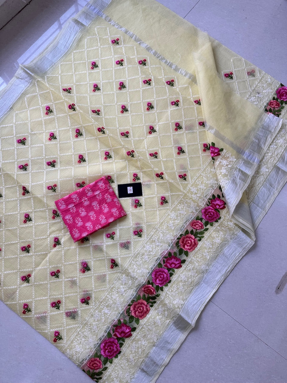 Embroidered Kota Cotton Doria Saree