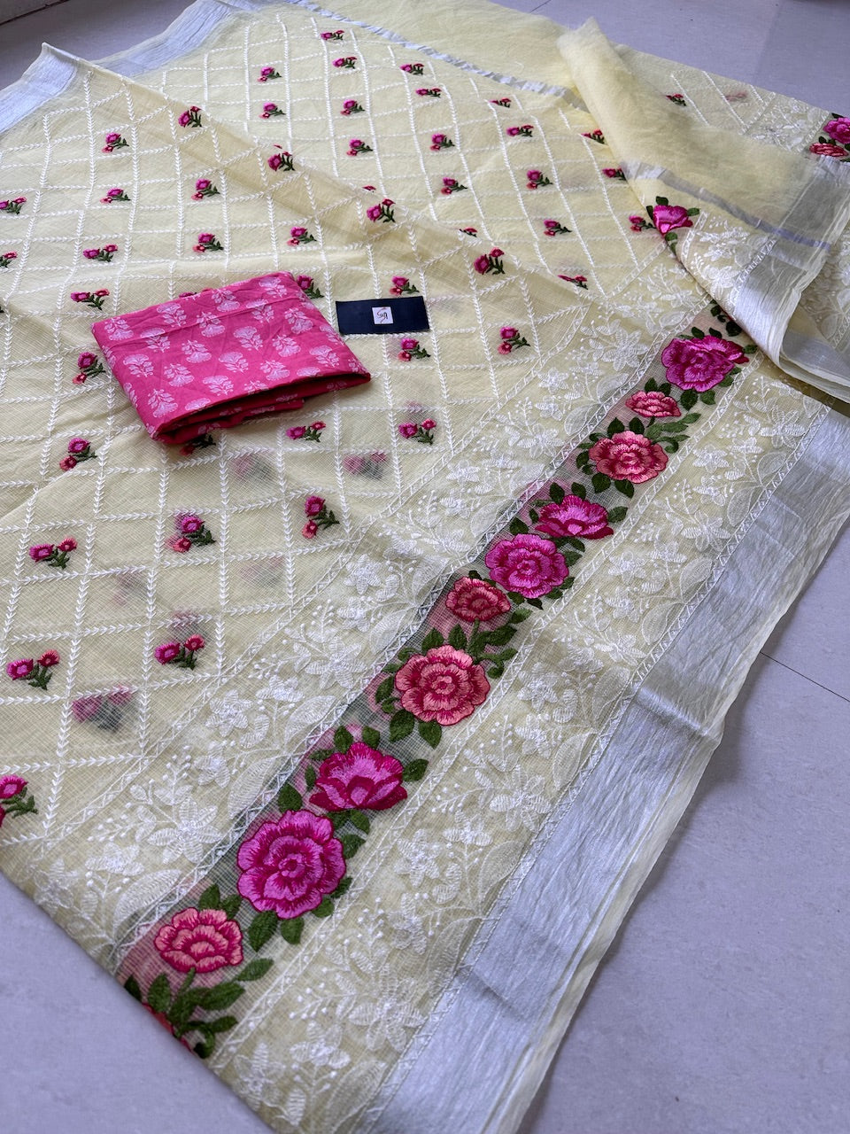 Embroidered Kota Cotton Doria Saree