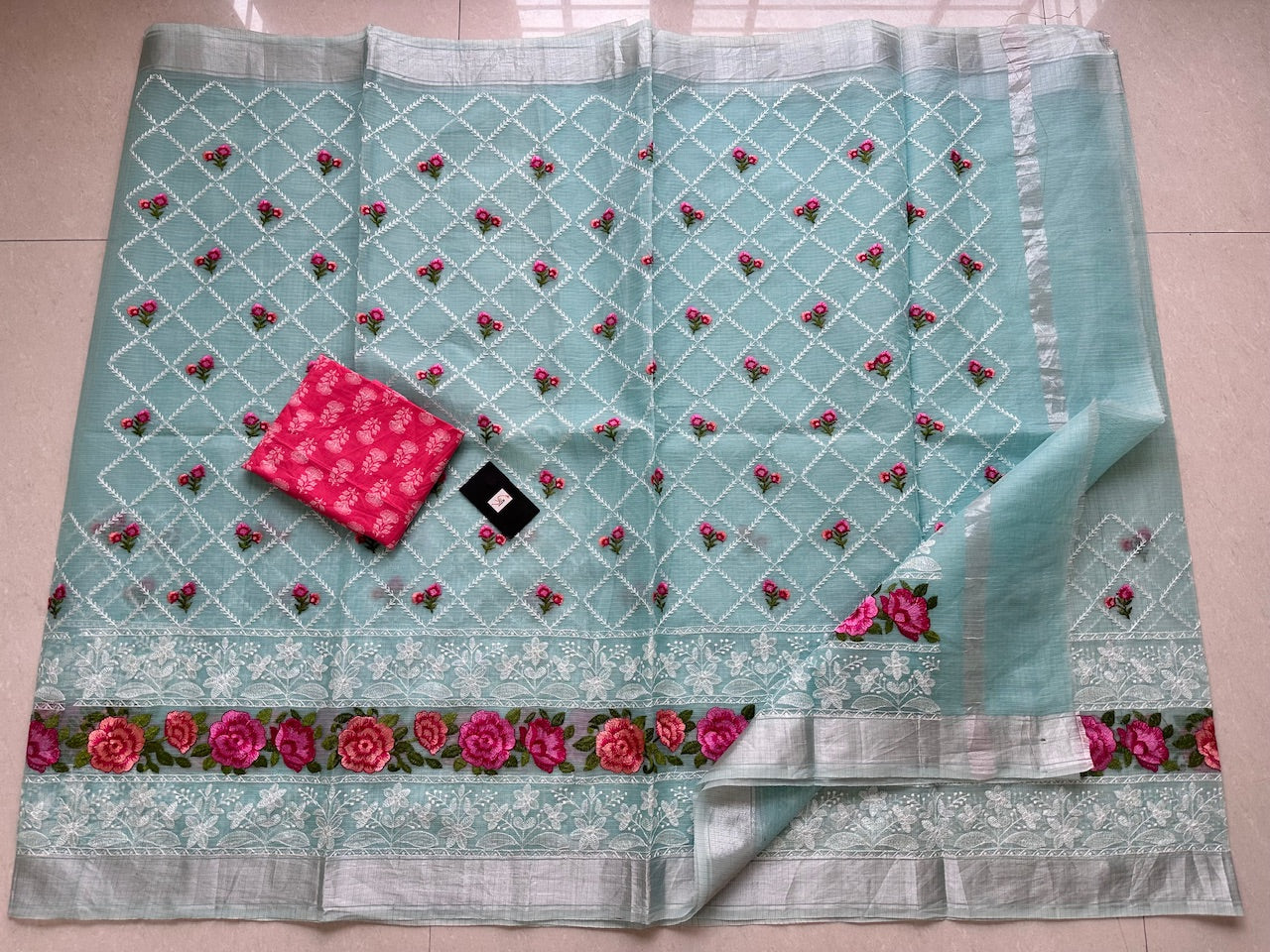 Embroidered Kota Cotton Doria Saree