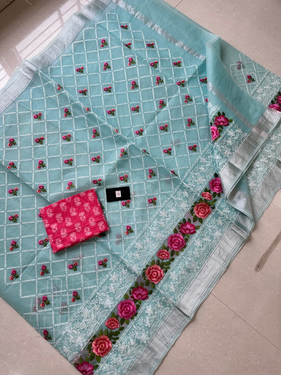 Embroidered Kota Cotton Doria Saree