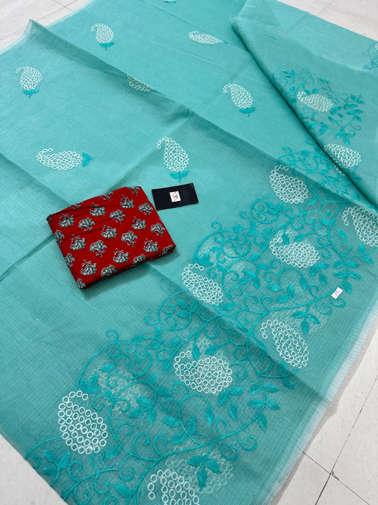 Embroidered Kota Cotton Doria Saree