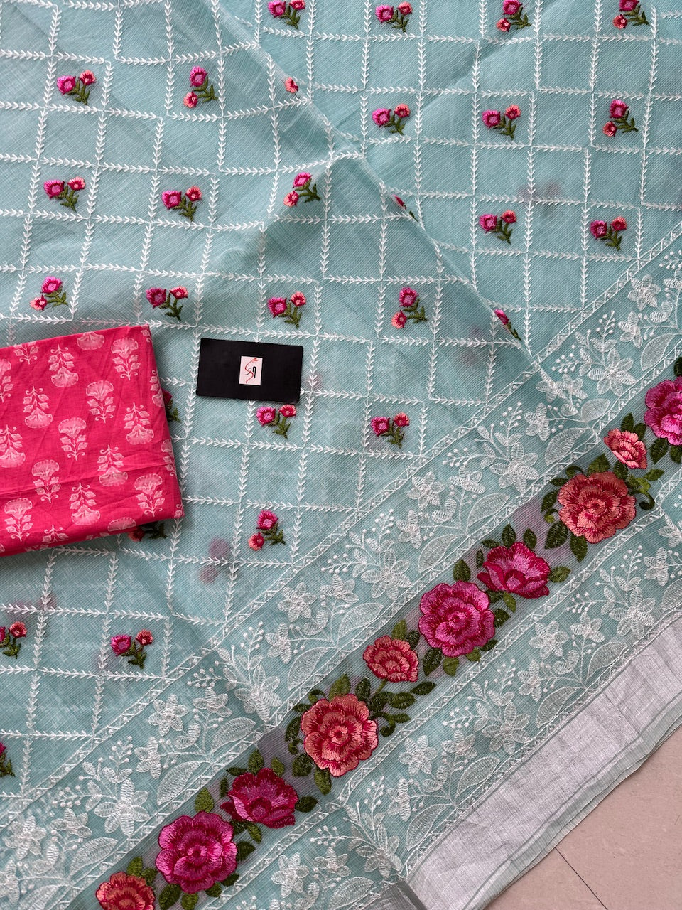 Embroidered Kota Cotton Doria Saree