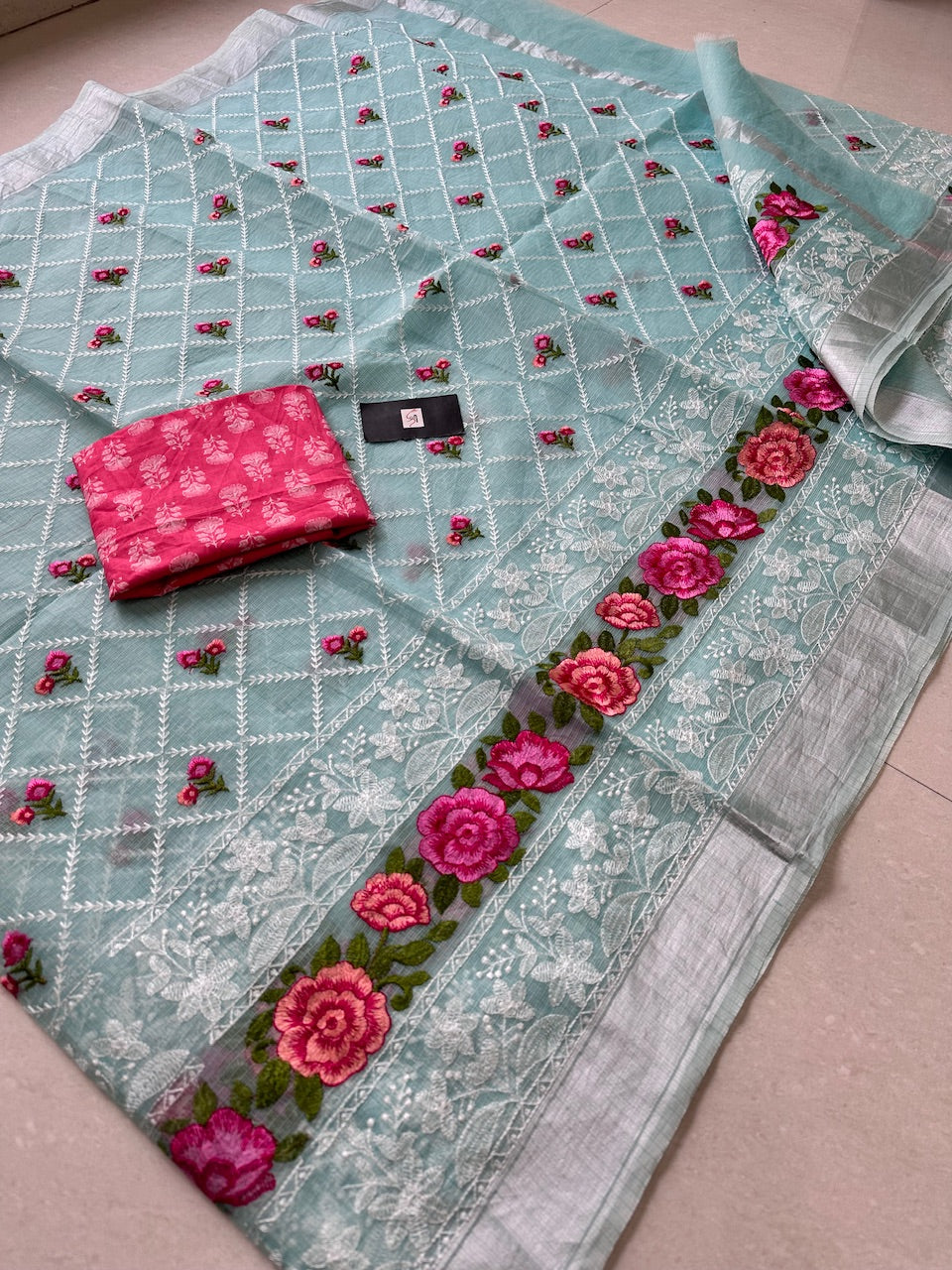 Embroidered Kota Cotton Doria Saree