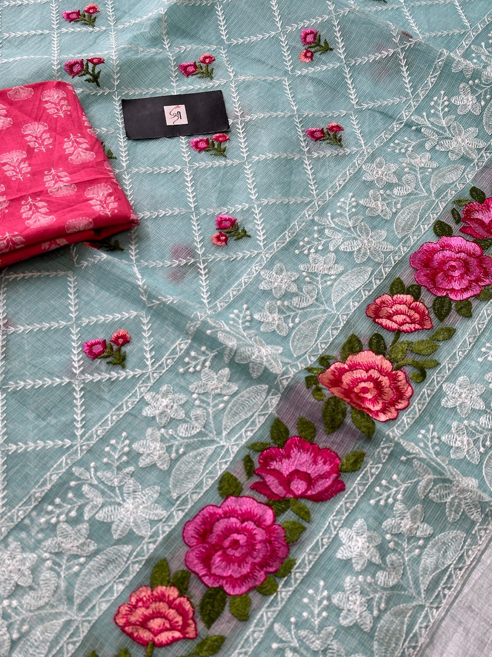 Embroidered Kota Cotton Doria Saree