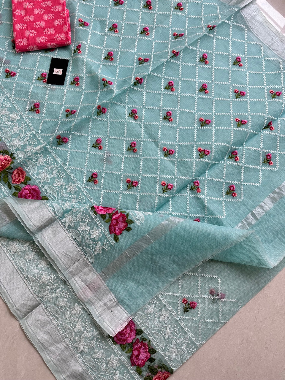 Embroidered Kota Cotton Doria Saree