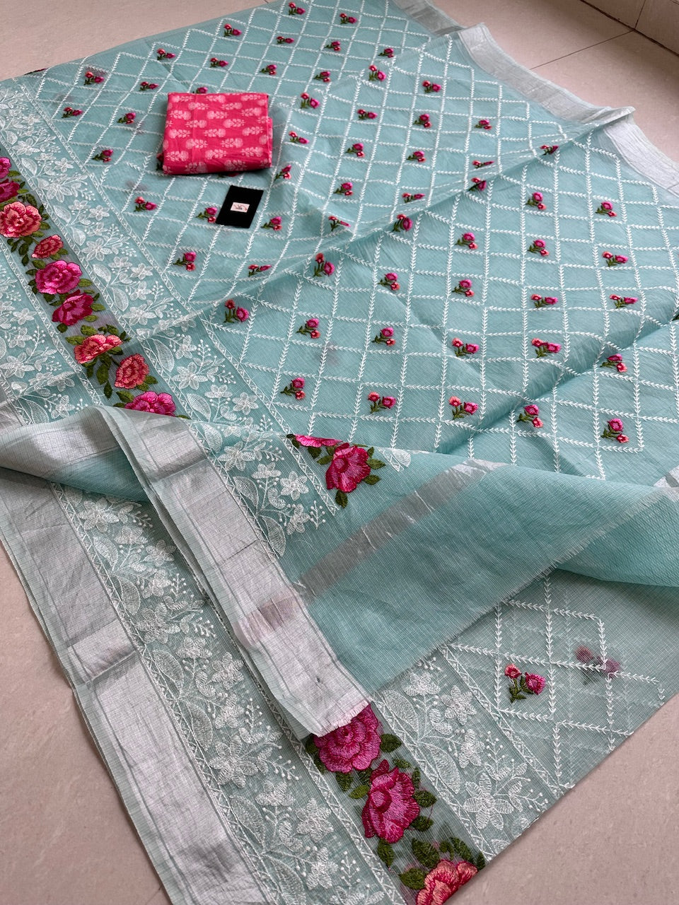 Embroidered Kota Cotton Doria Saree