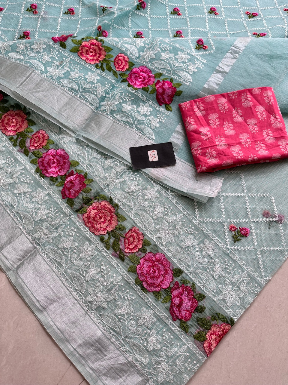 Embroidered Kota Cotton Doria Saree