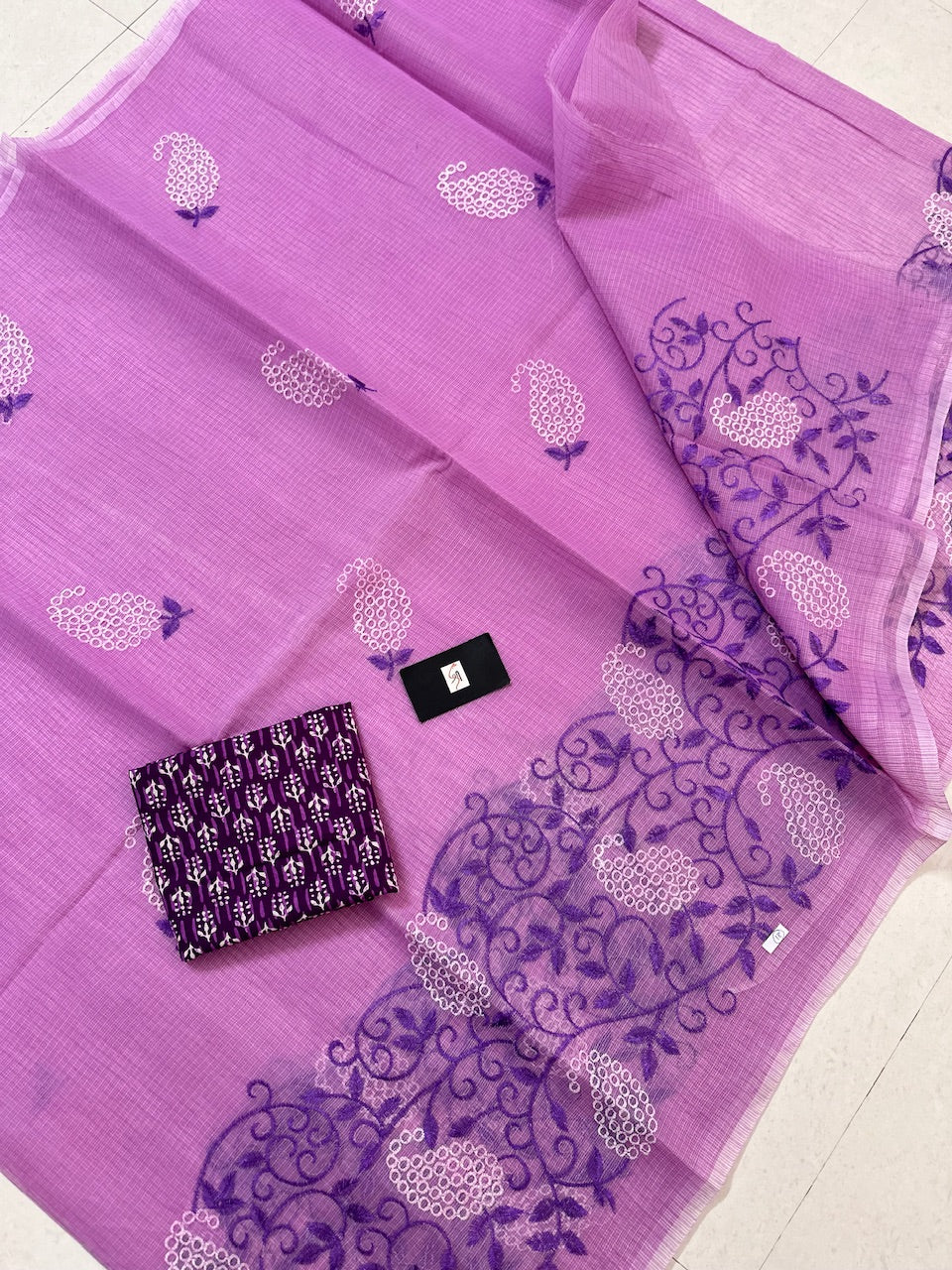 Embroidered Kota Cotton Doria Saree