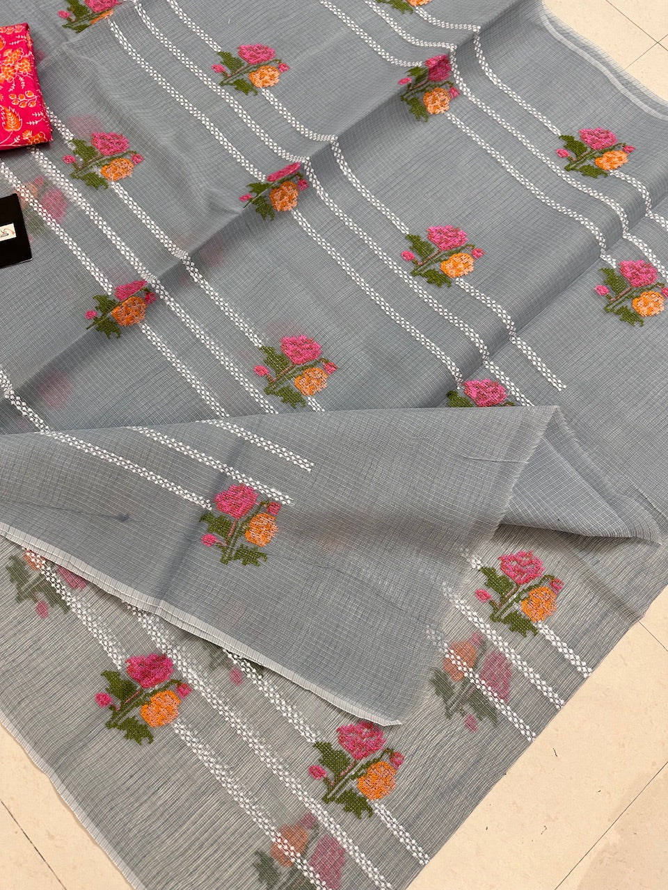 Embroidered Kota Cotton Doria Saree