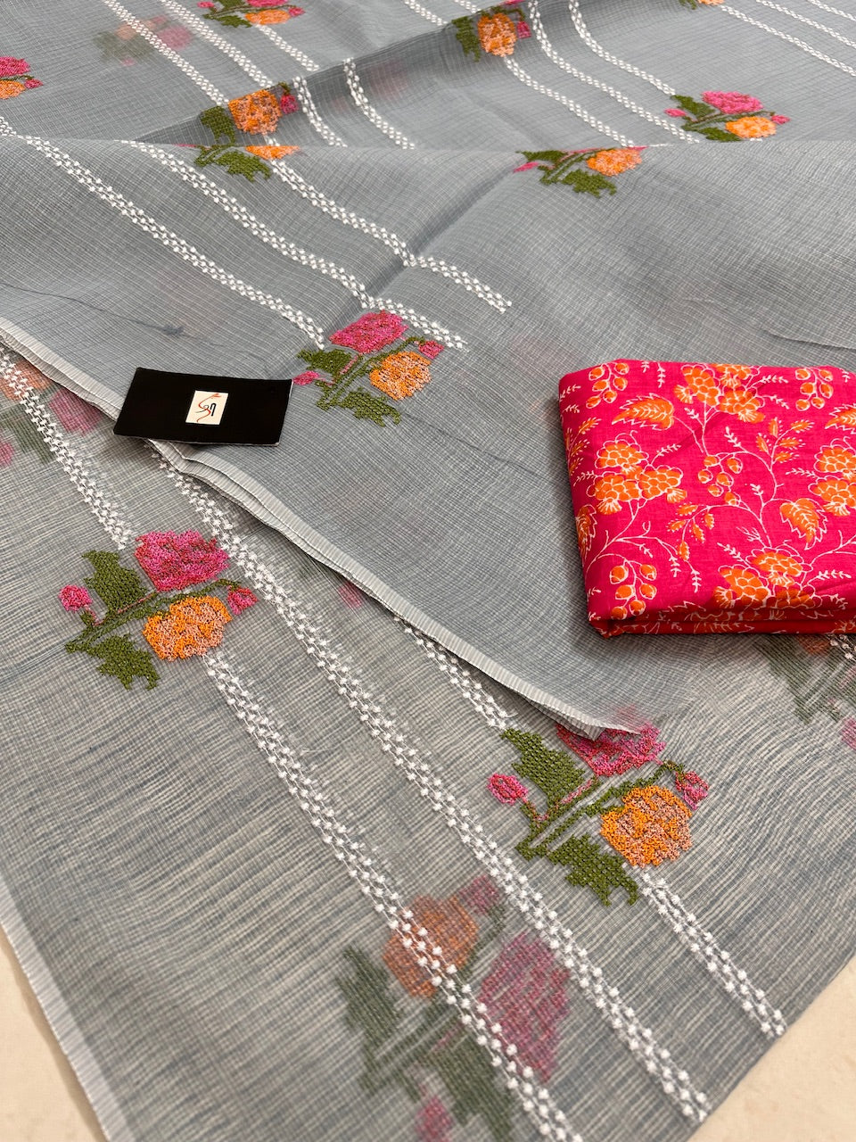 Embroidered Kota Cotton Doria Saree