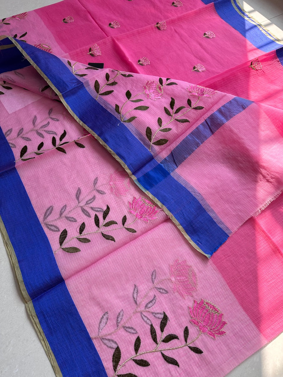 Embroidered Kota Cotton Doria Saree