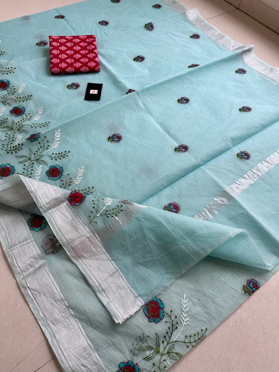 Embroidered Kota Cotton Doria Saree