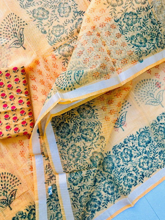 HandBlock Printed Kota Cotton Doria Saree