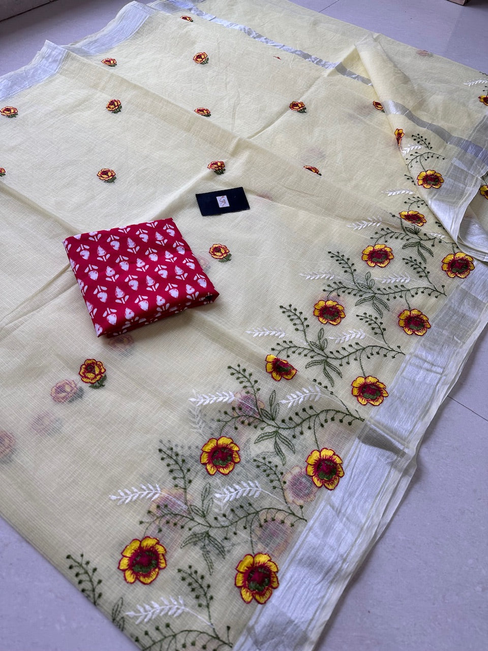 Embroidered Kota Cotton Doria Saree