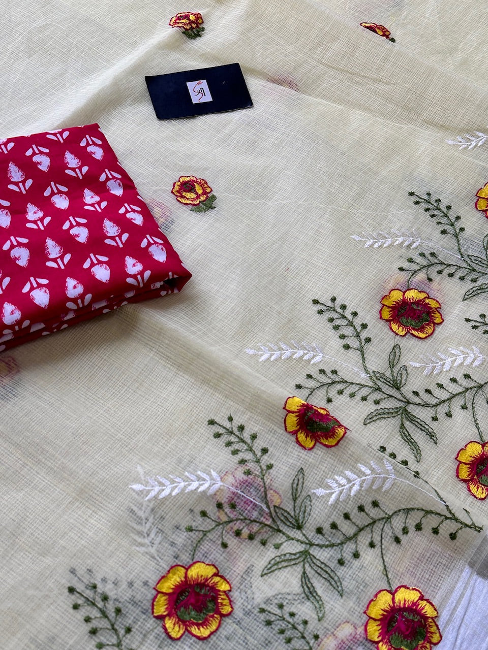 Embroidered Kota Cotton Doria Saree