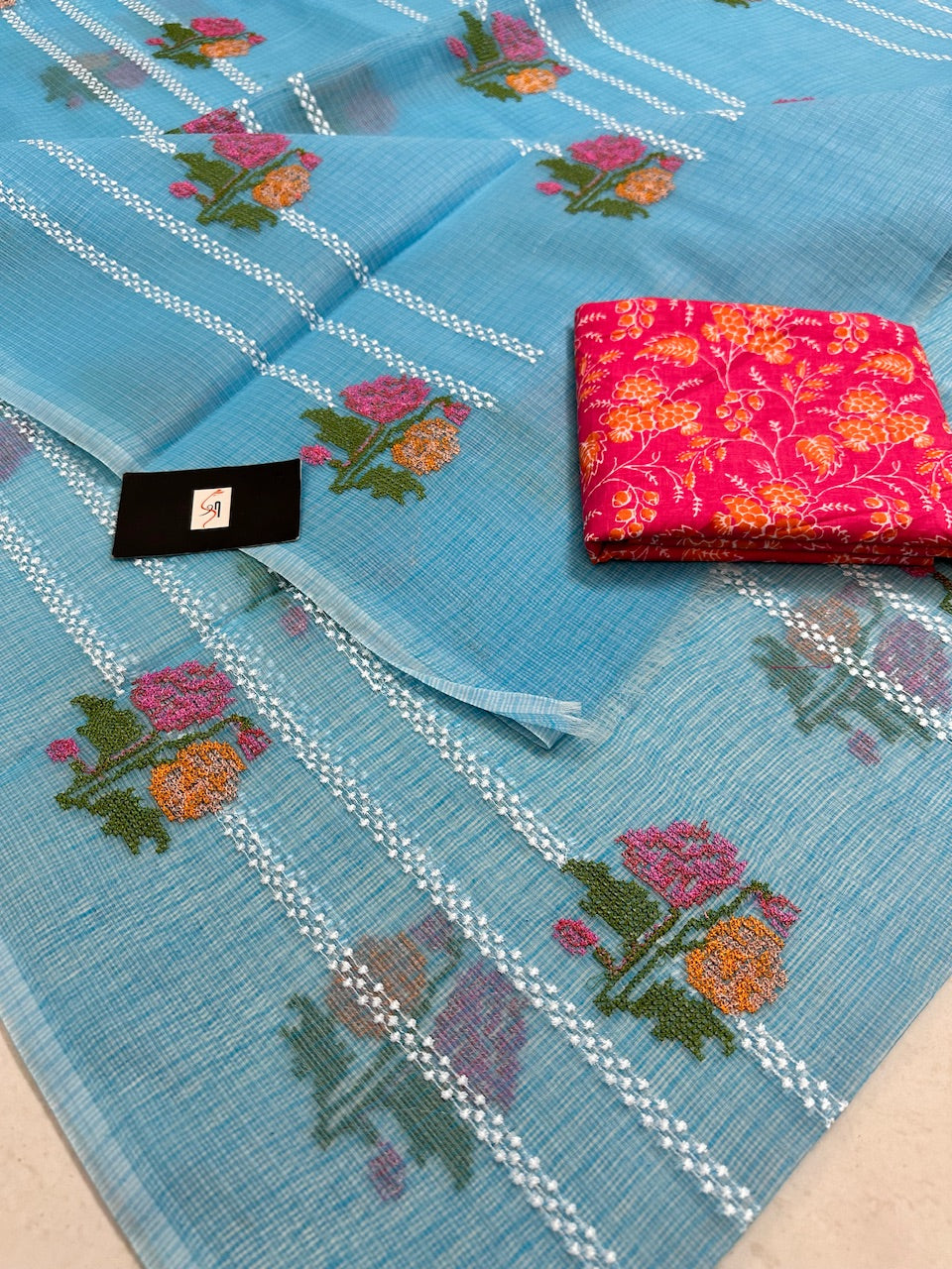 Embroidered Kota Cotton Doria Saree