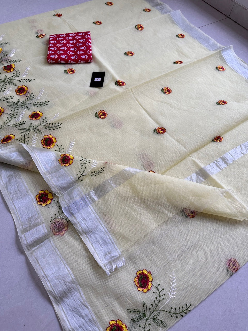 Embroidered Kota Cotton Doria Saree