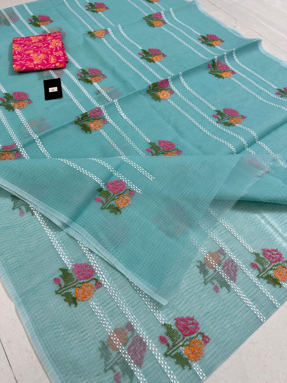 Embroidered Kota Cotton Doria Saree