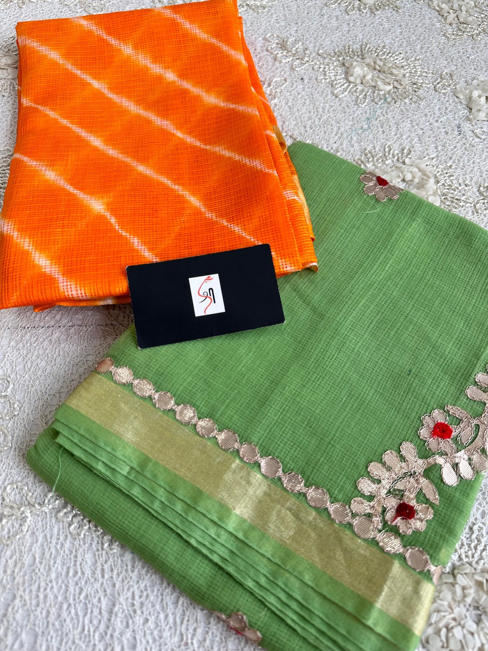 Hand Tye N Dye Lehariya Kota Cotton Doria Top N Embroidered Gota Patti Dupatta (Suit)