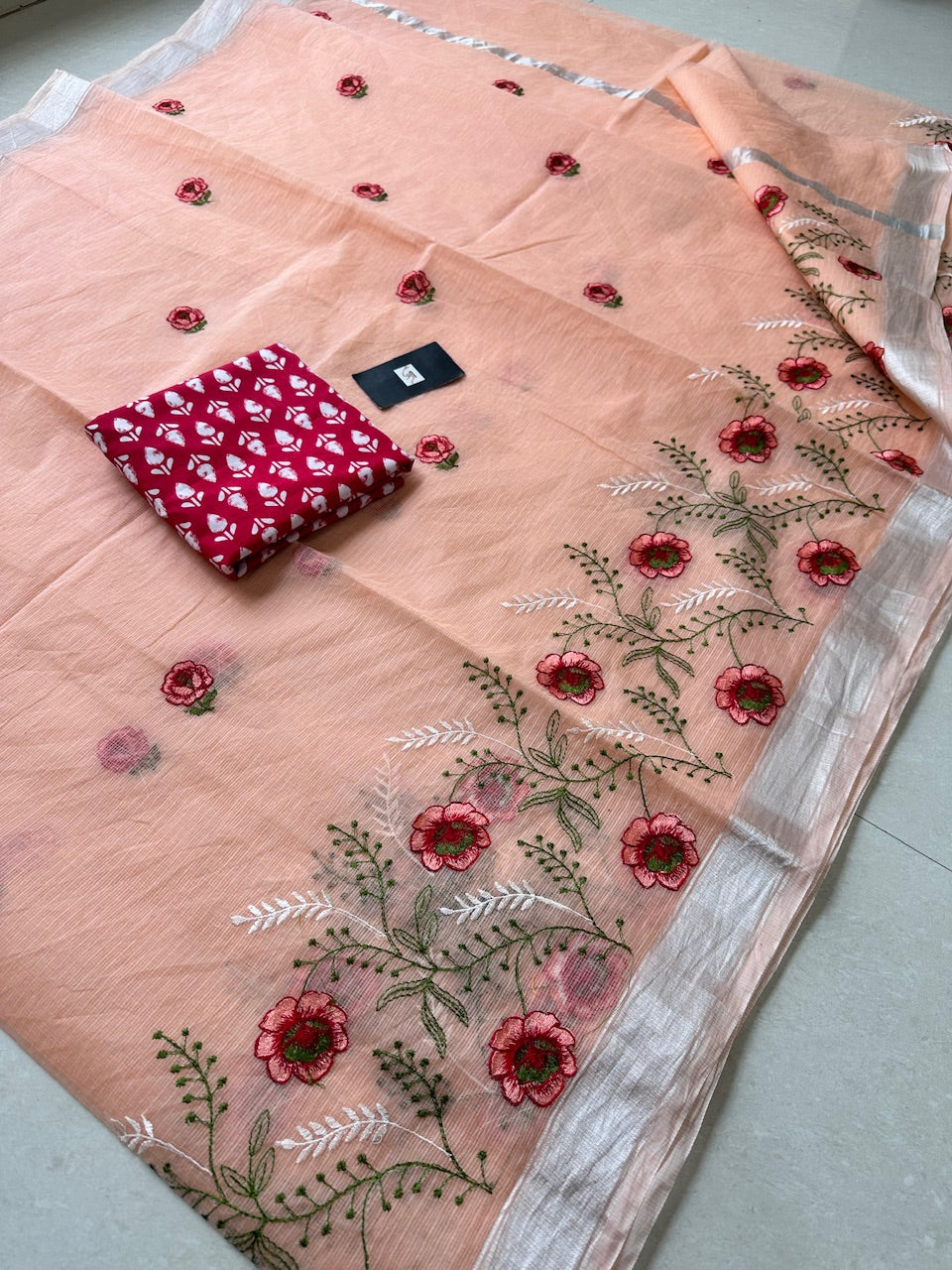 Embroidered Kota Cotton Doria Saree