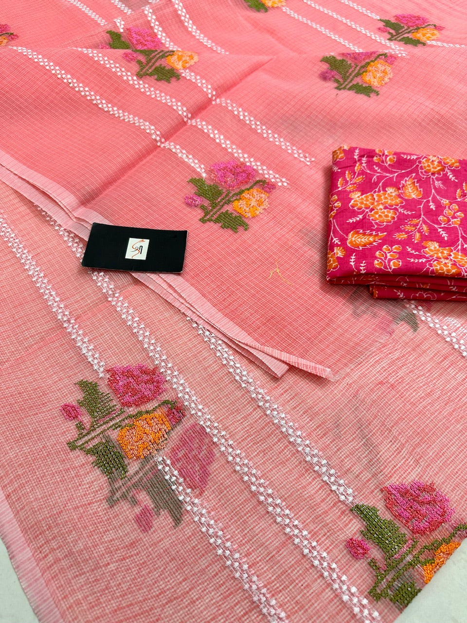 Embroidered Kota Cotton Doria Saree