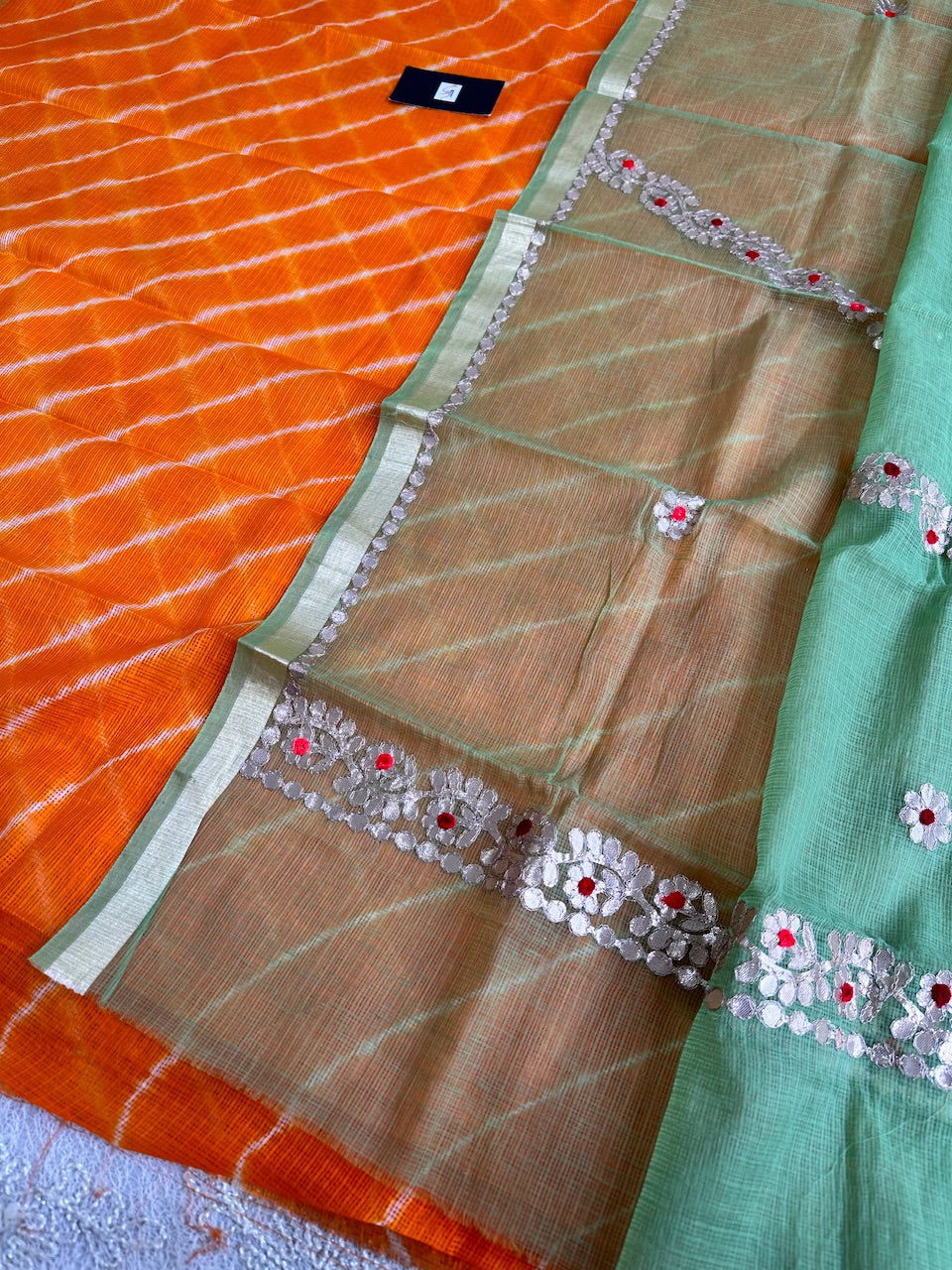 Hand Tye N Dye Lehariya Kota Cotton Doria Top N Embroidered Gota Patti Dupatta (Suit)