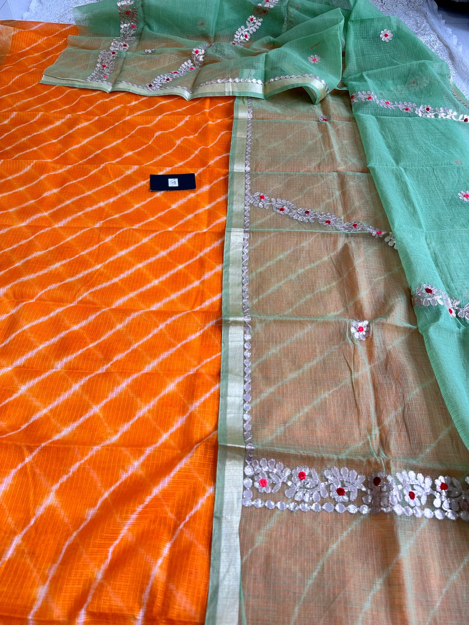 Hand Tye N Dye Lehariya Kota Cotton Doria Top N Embroidered Gota Patti Dupatta (Suit)