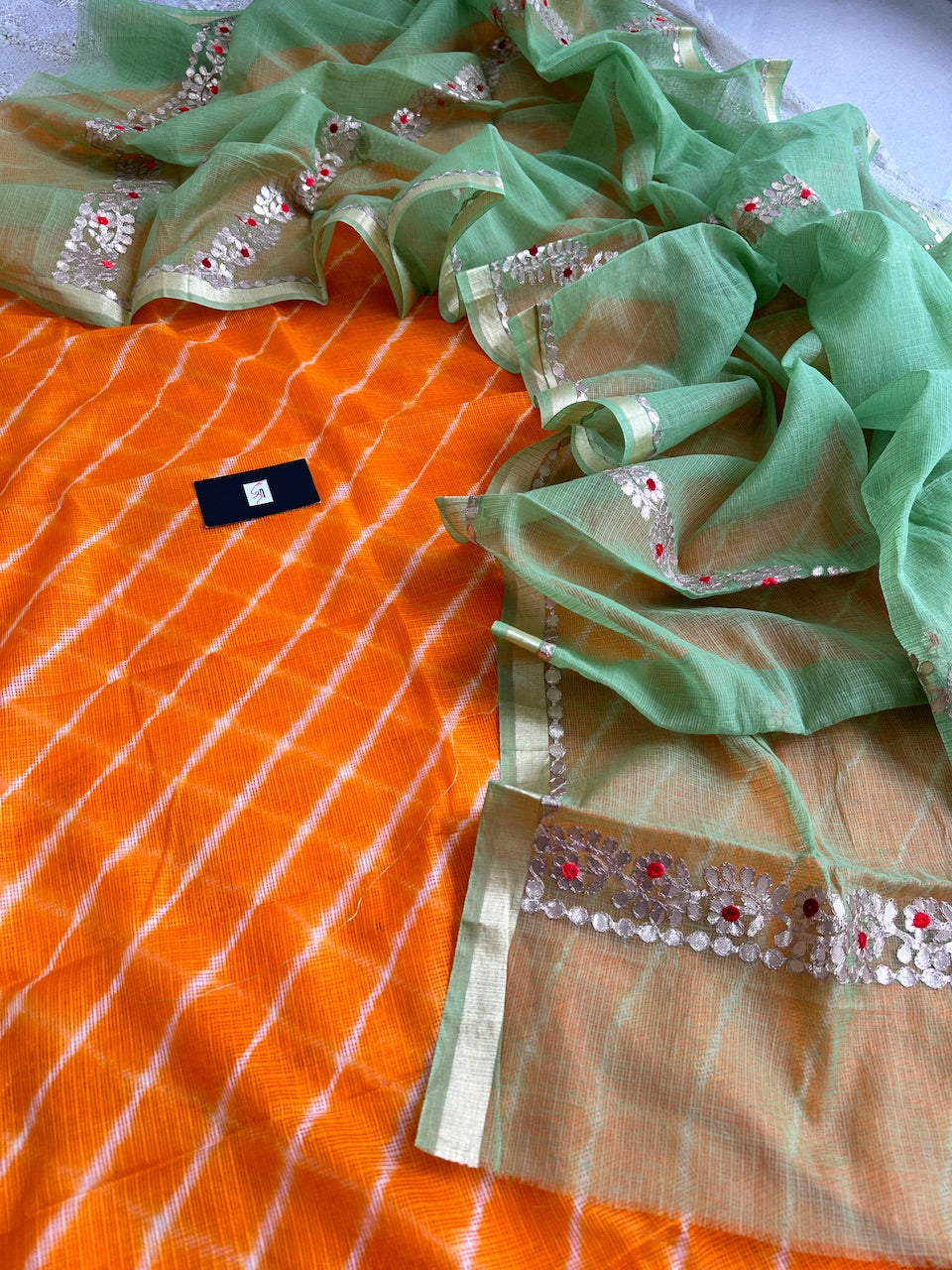 Hand Tye N Dye Lehariya Kota Cotton Doria Top N Embroidered Gota Patti Dupatta (Suit)