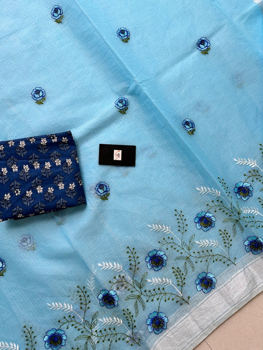 Embroidered Kota Cotton Doria Saree