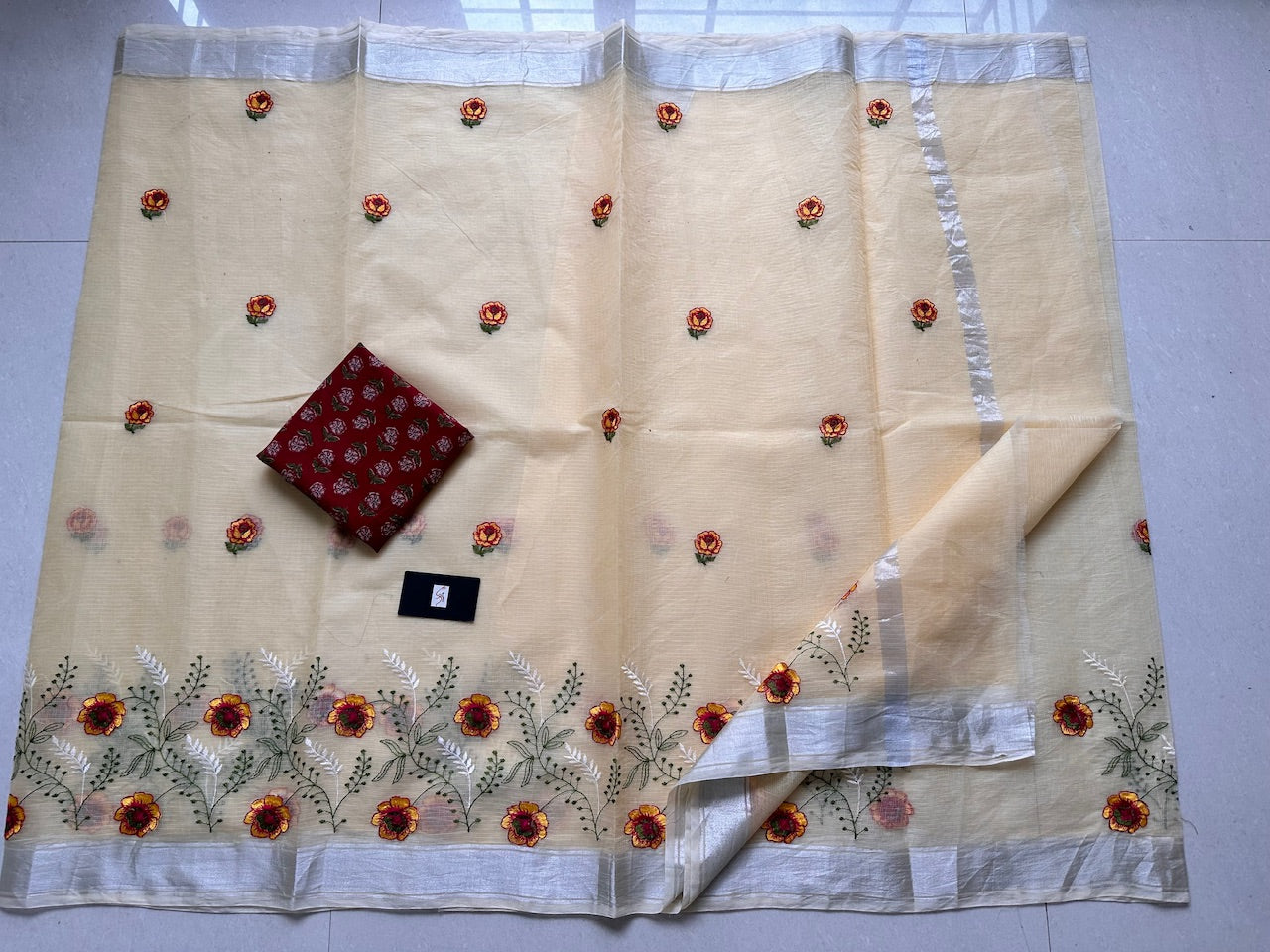 Embroidered Kota Cotton Doria Saree