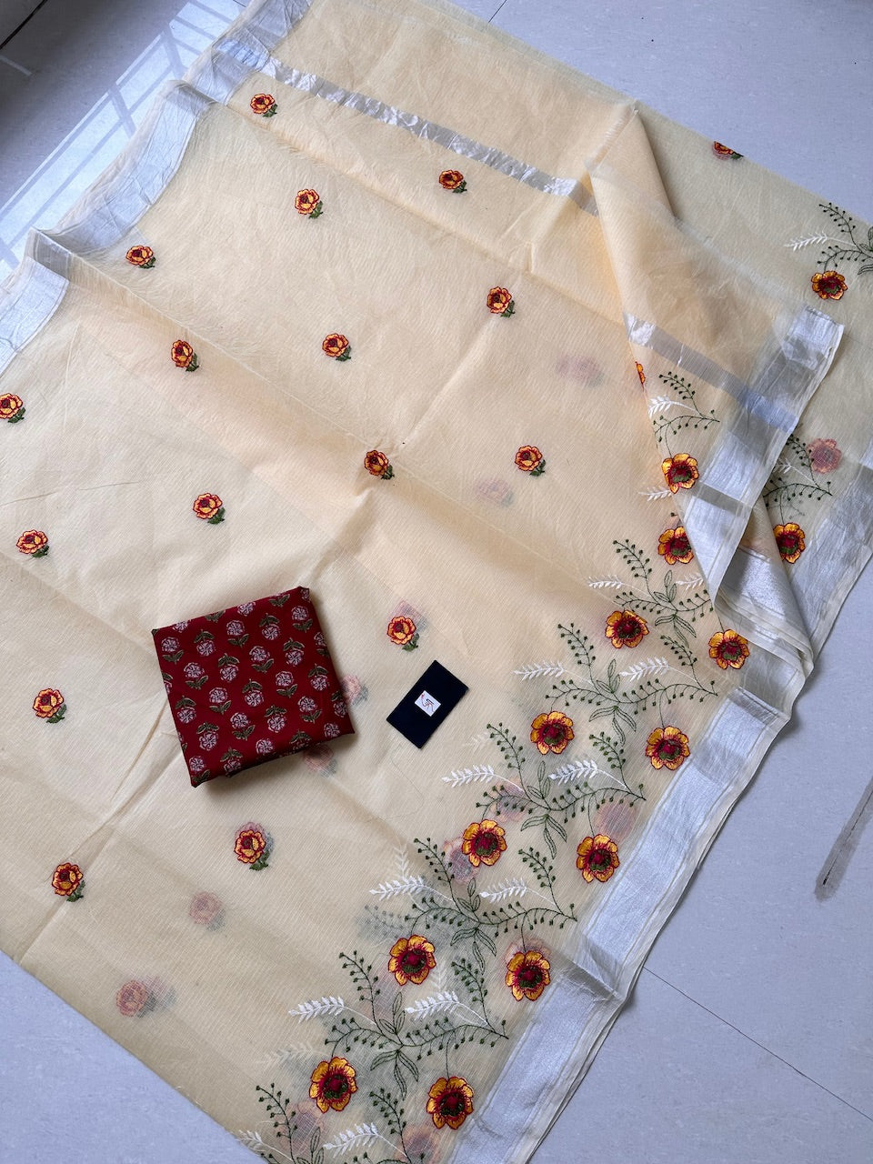 Embroidered Kota Cotton Doria Saree