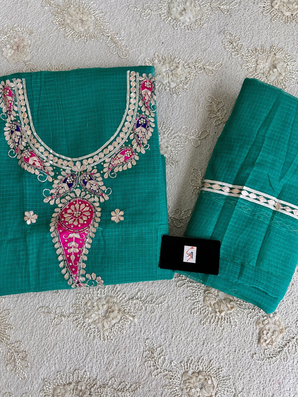 Pure Jaipuri Gota Patti Hand Embroidered Kota Cotton Doria Top N Dupatta (Suit)