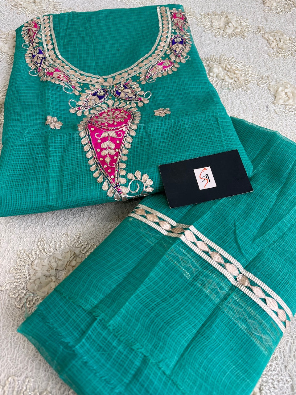 Pure Jaipuri Gota Patti Hand Embroidered Kota Cotton Doria Top N Dupatta (Suit)