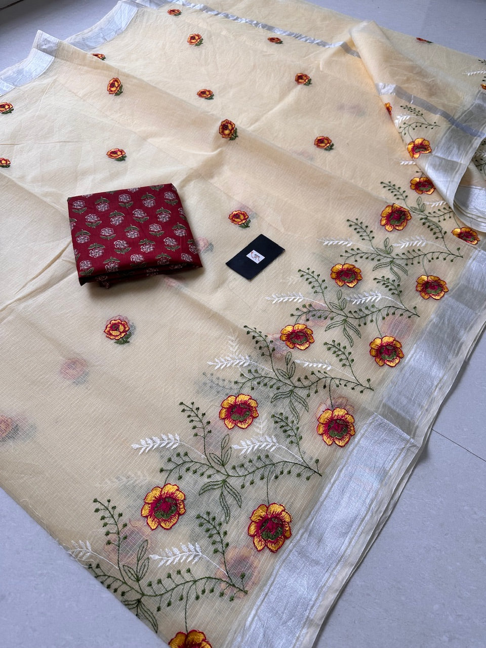 Embroidered Kota Cotton Doria Saree