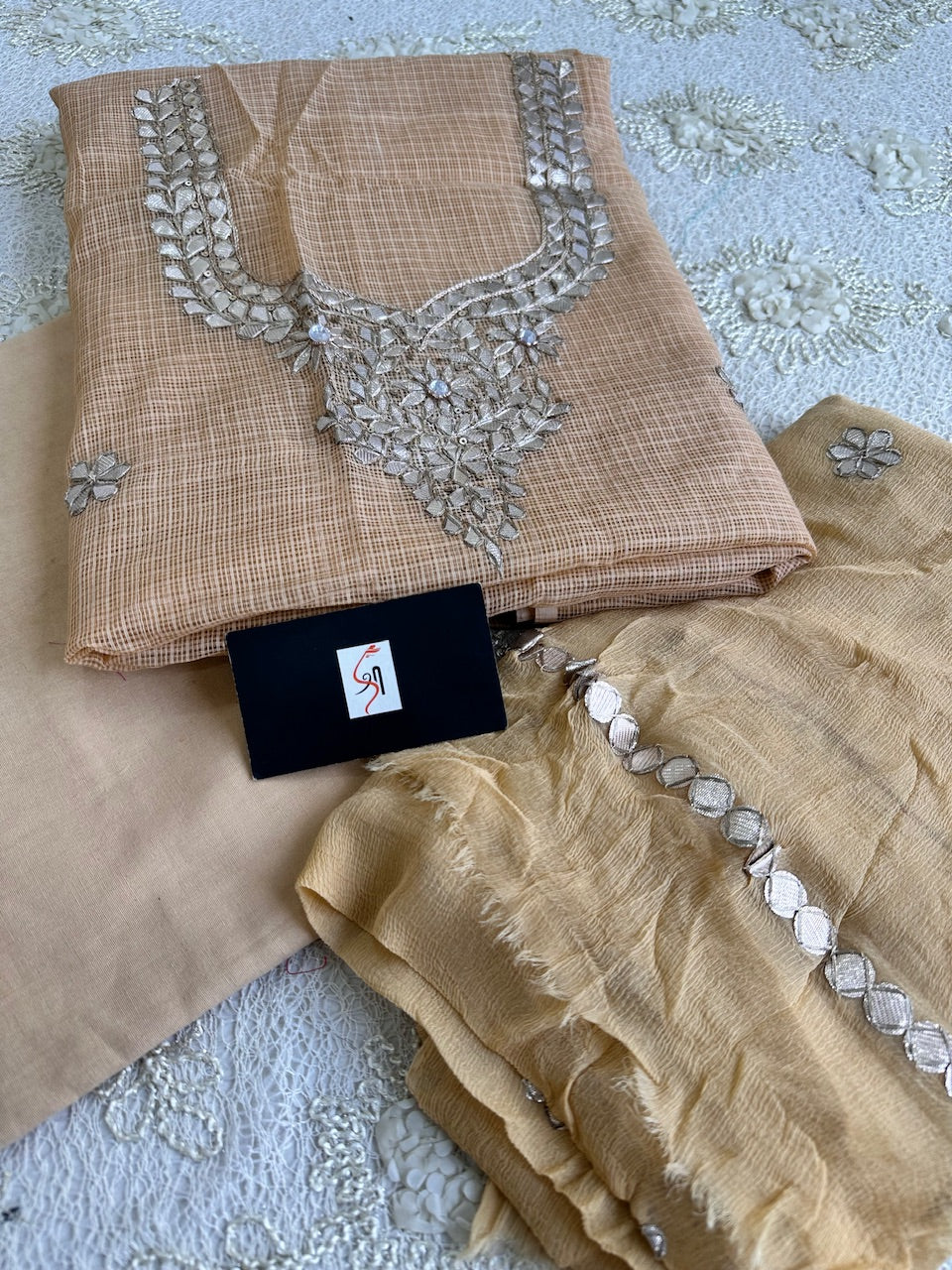 Pure Jaipuri Gota Patti Hand Embroidered Kota Cotton Doria Top With Chiffon Dupatta (Suit)