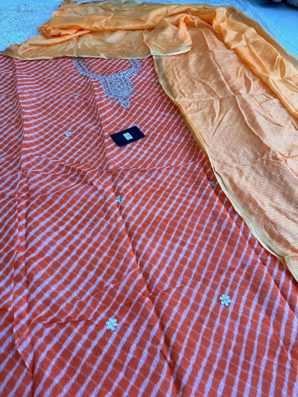 Pure Hand Tye N Dye Lehariya Kota Cotton Doria Top With Plain Dupatta