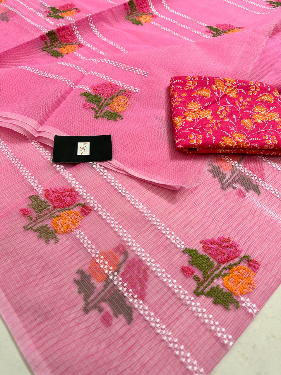 Embroidered Kota Cotton Doria Saree