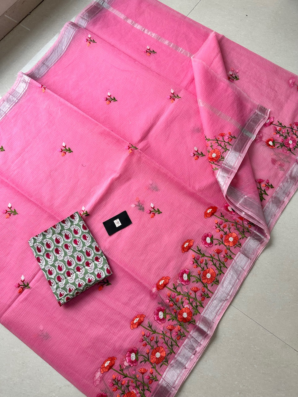 Embroidered Kota Cotton Doria Saree