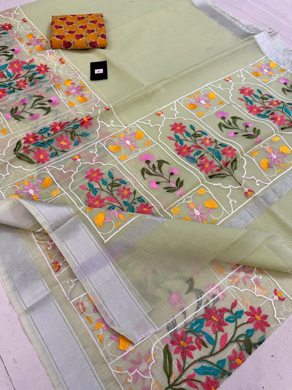 Embroidered Kota Cotton Doria Saree