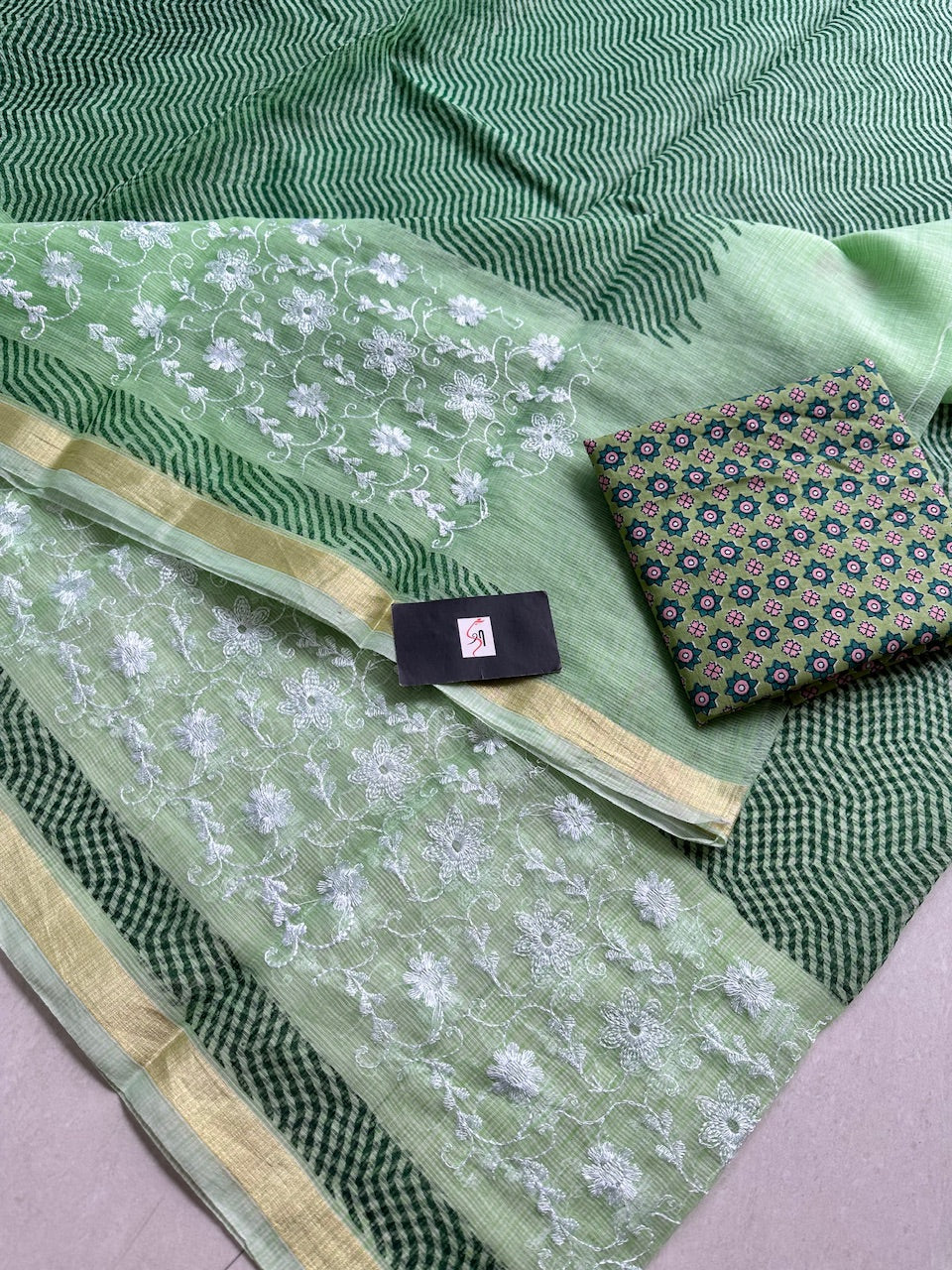 Embroidered HandBlock Printed Kota Cotton Doria Saree