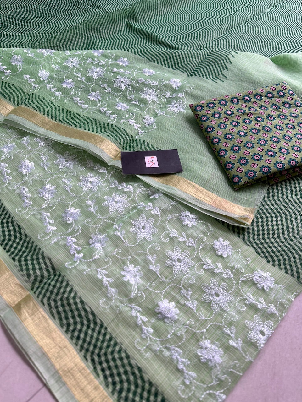 Embroidered HandBlock Printed Kota Cotton Doria Saree