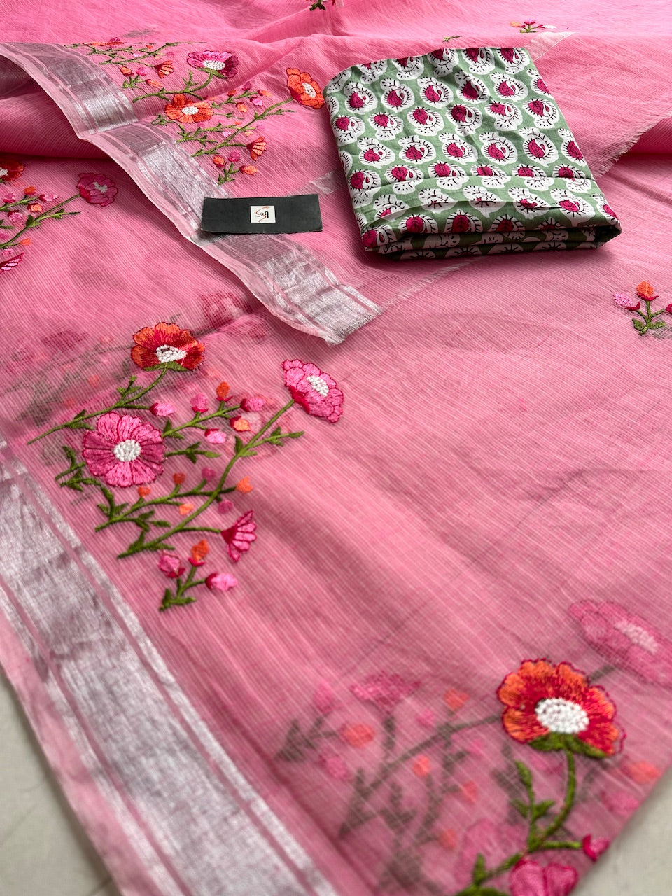 Embroidered Kota Cotton Doria Saree