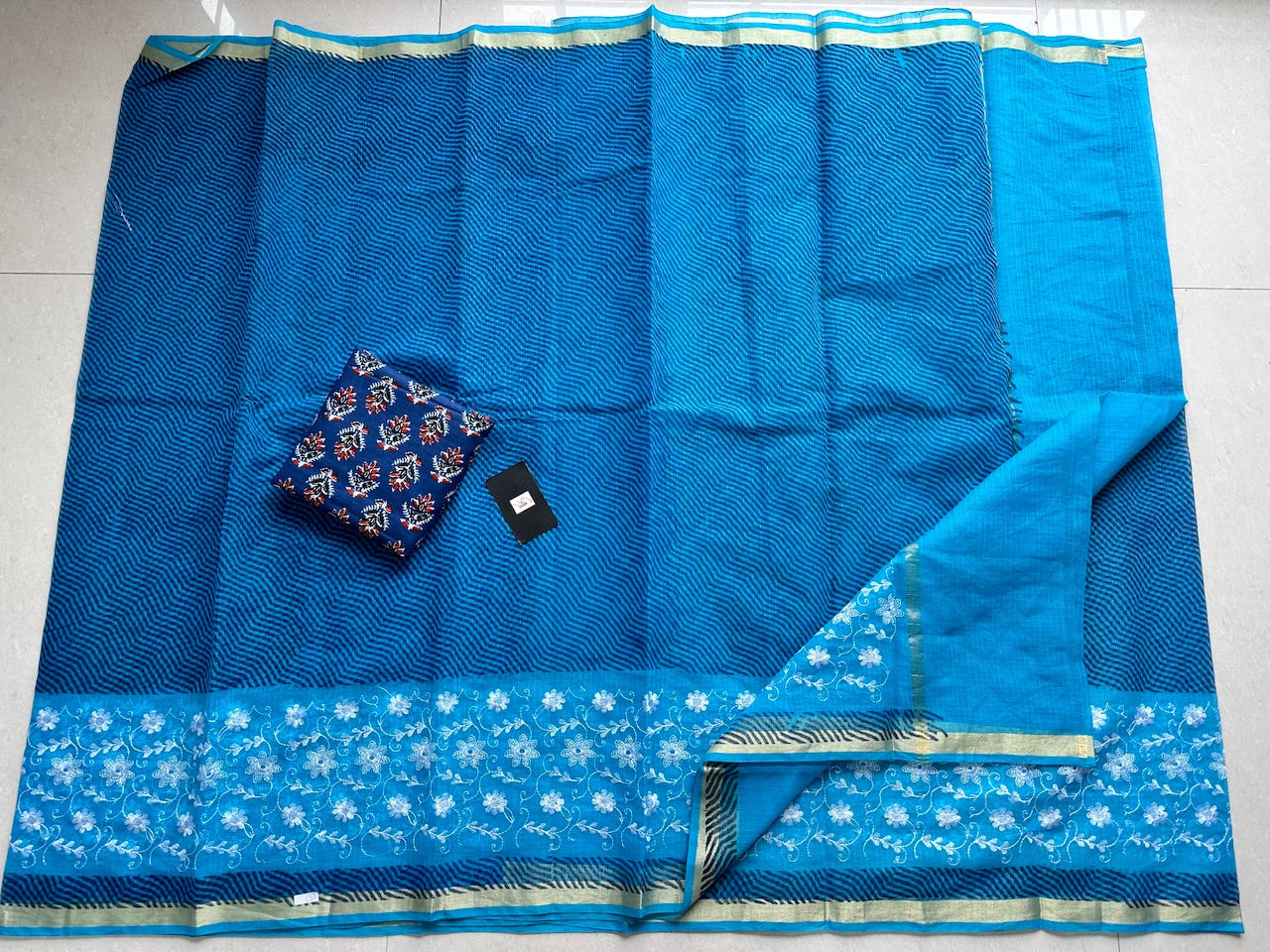 Embroidered HandBlock Printed Kota Cotton Doria Saree