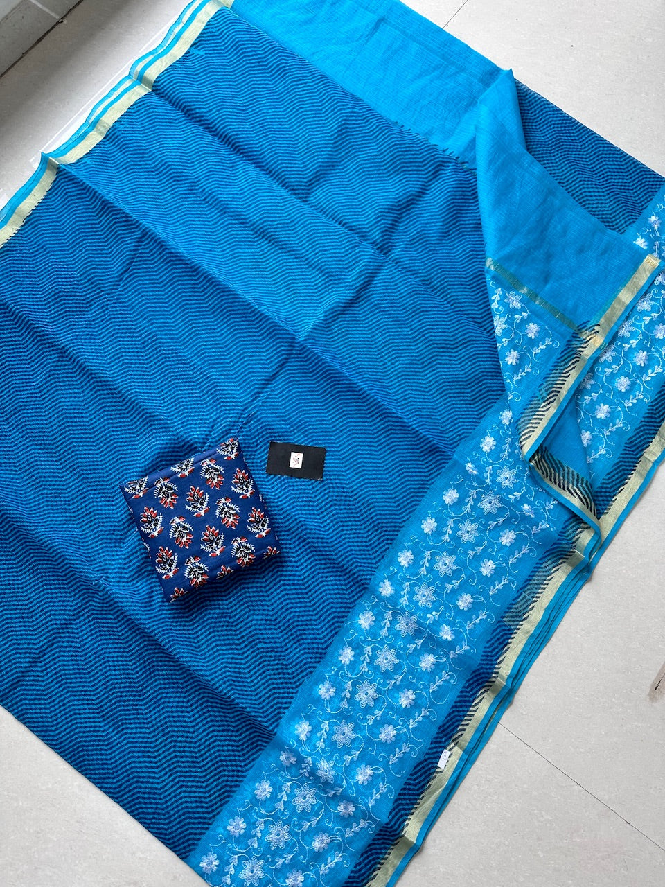 Embroidered HandBlock Printed Kota Cotton Doria Saree