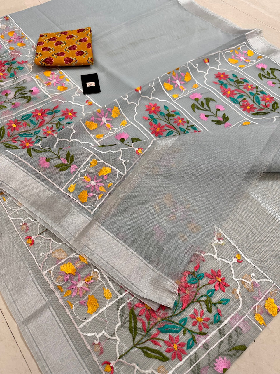 Embroidered Kota Cotton Doria Saree