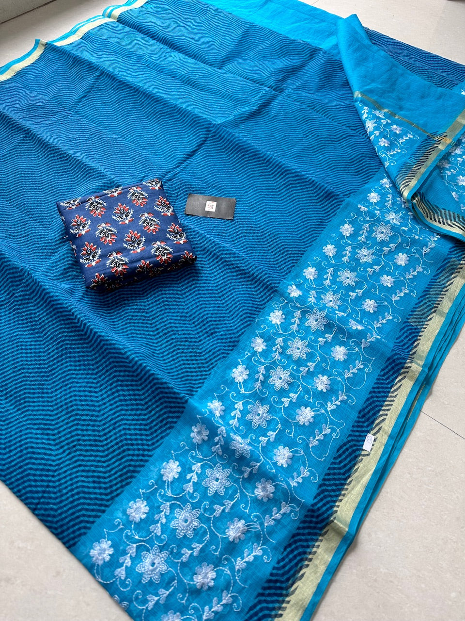 Embroidered HandBlock Printed Kota Cotton Doria Saree