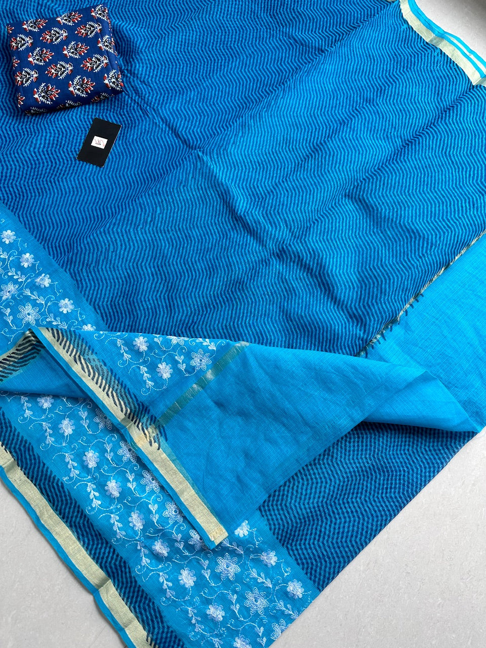 Embroidered HandBlock Printed Kota Cotton Doria Saree