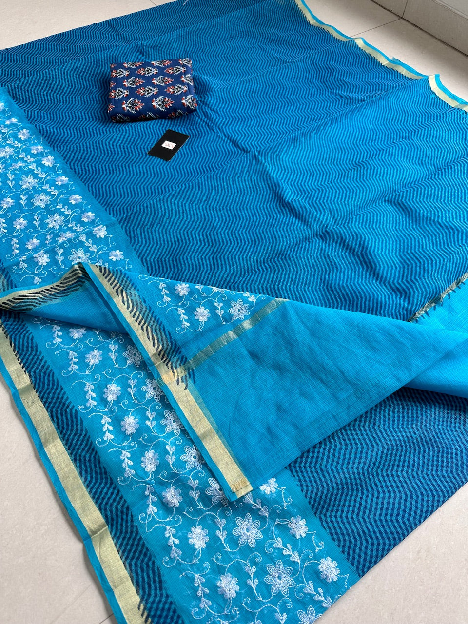 Embroidered HandBlock Printed Kota Cotton Doria Saree