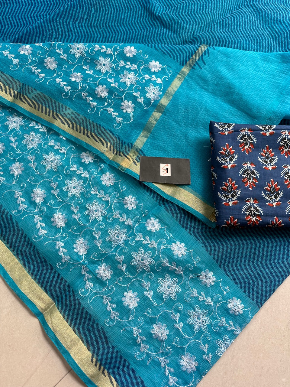 Embroidered HandBlock Printed Kota Cotton Doria Saree